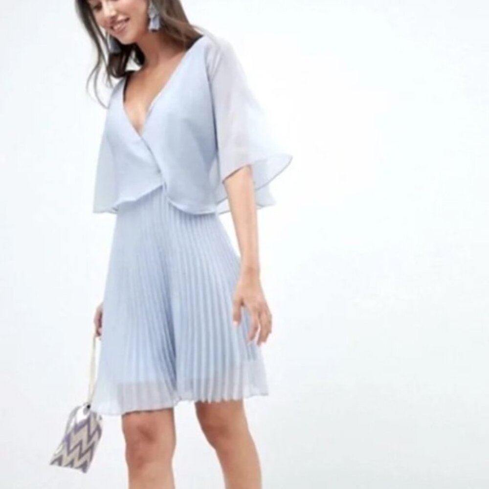 ASOS flutter sleeve baby blue pleated dress